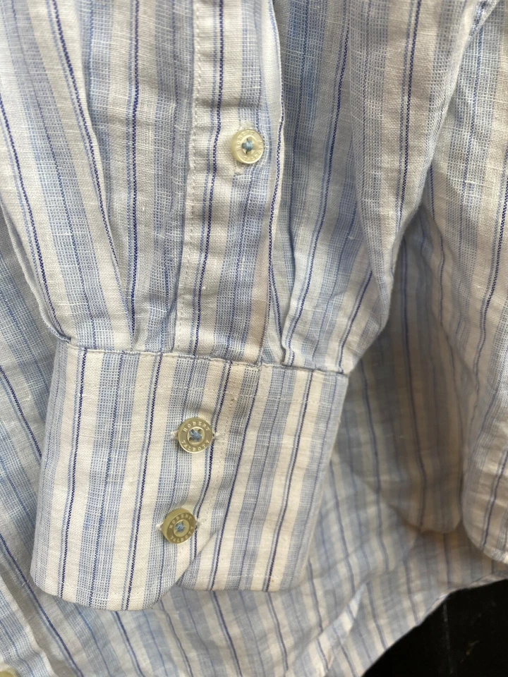 Robert Talbott Linen Shirt Mens Large Blue Stripe Button Front Spread Collar - Image 3 of 4
