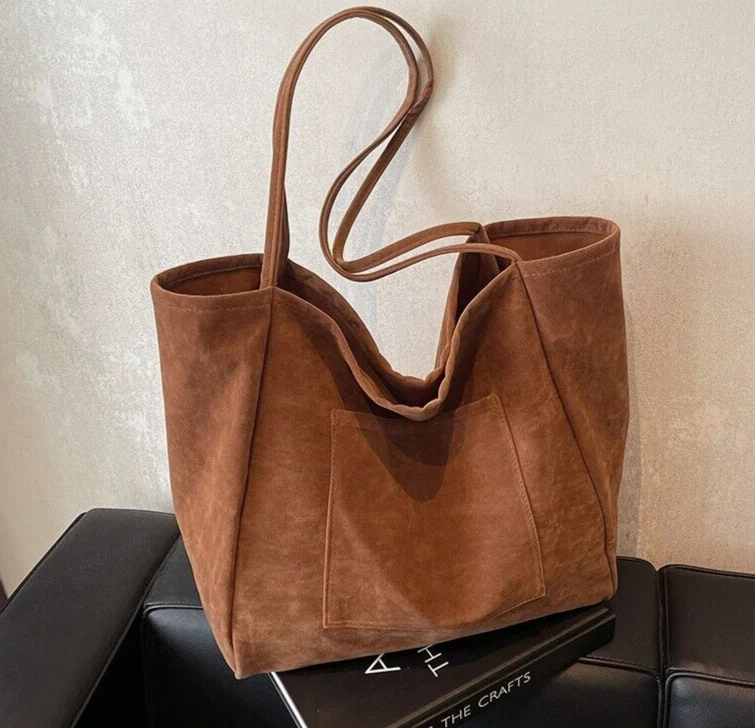 Extra Large Suede Soft Tote Bags Women Open Outer Pocket Double Handles Handbags