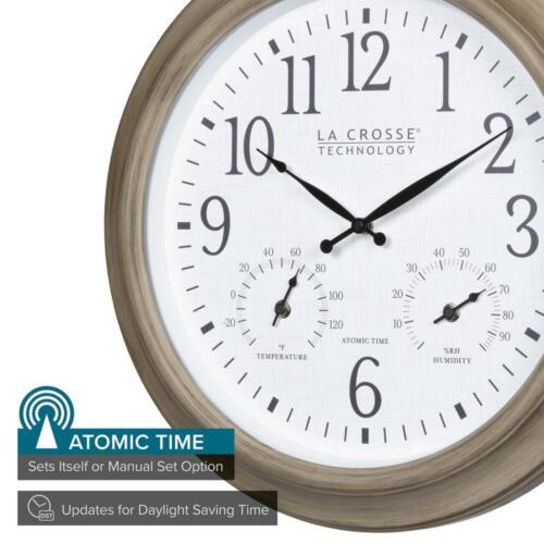 Wall Clock 18 in. Frame Indoor Outdoor Tan Beige Atomic Analog Temp Humidity - Picture 2 of 8