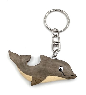 Handmade Holz Schlüsselanhänger Delfin Delphin grau Wal Säugetier Wasser Meer 
