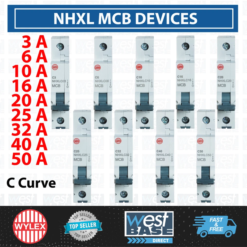 Wylex NHXL MCB Circuit Breaker 3A 6A 10A 16A 20A 25A 32A 40A 50A Type C Curve SP