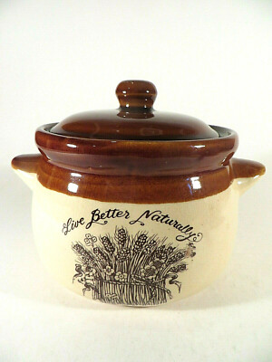 Vintage Enesco 1977 Stoneware Live Better Naturally Bean Pot w/Lid Wheat