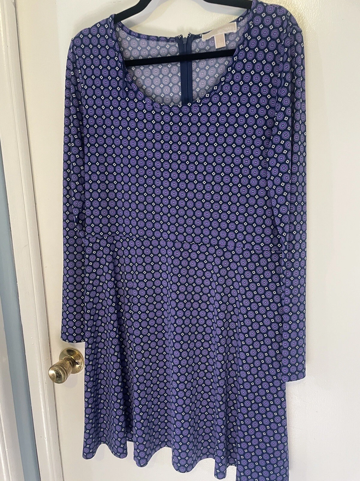 Michael Kors Mini Abito Blu e Viola Geometrico Manica Lunga Elasticizzato Taglia Large