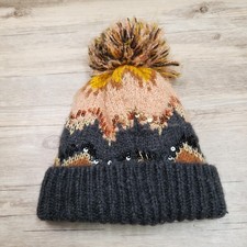 Zara Hat Beanie Pom Pom Knit Sequins Fair Isle Gray Peach Womens Winter Warm