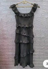 Show Me Your Mumu Greta Dress in Black Size Large Stretch Midi Ruffle Bridal
