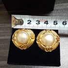 CHANEL Earrings Gold Round White Costume Pearl CC Logo Metal Clip-on 93A Vintage