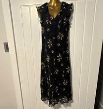 Women’s Black Beige Floral Chiffon V-Neck Midi Dress Flutter Sleeve size 16