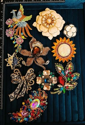 10pc Costume Brooch Lot Rhinestone Enamel Peacock Sun Moon Flower