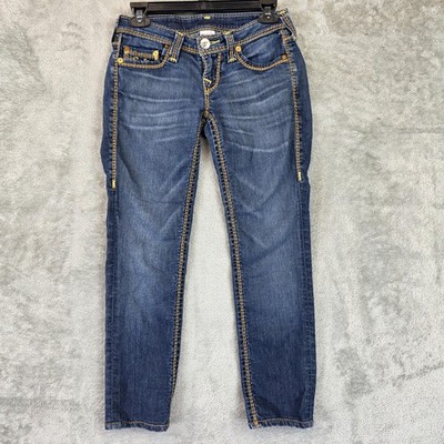 True Religion Jeans Womens 26 Blue Skinny Brown Gold Mega T Contrast Stitch