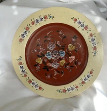 Vintage Folk Art Wooden Platter Handpainted Floral Design Signed Primitive 14”