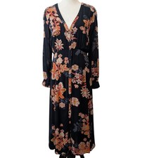 Free People Womens Size 8 Miranda Black Floral Button Up Slits Rayon Midi Dress