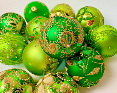 Set of 10 Green Gold Glass Christmas Ornaments Handmade Holiday Tree Baubles