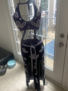 Vintage Handmade belly dance Dress Beaded Sequins Purple Velvet saidi Choli