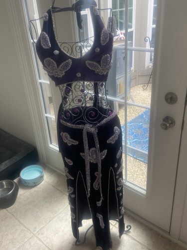 Vintage Handmade belly dance Dress Beaded Sequins Purple Velvet saidi Choli