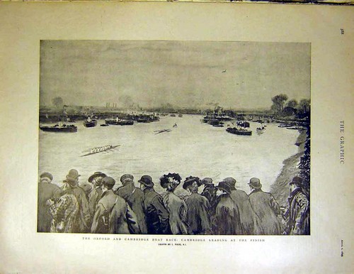 Original Old Antique Print Oxford Cambridge Boat Race Nash River 1899 Victorian
