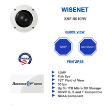 Hanwha Vision Wisenet X Series  12MP Outdoor Fisheye XNF-9010RV  NDAA Compliant