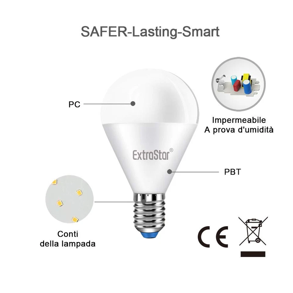 EXTRASTAR Lampadina LED E14,8W Equivalenti a 64W 6500K luce bianca fredda - Immagine 2 di 4