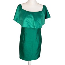 Adrianna Papell Emerald Green Satin Off Shoulder Ruffle Cocktail Dress Size 8