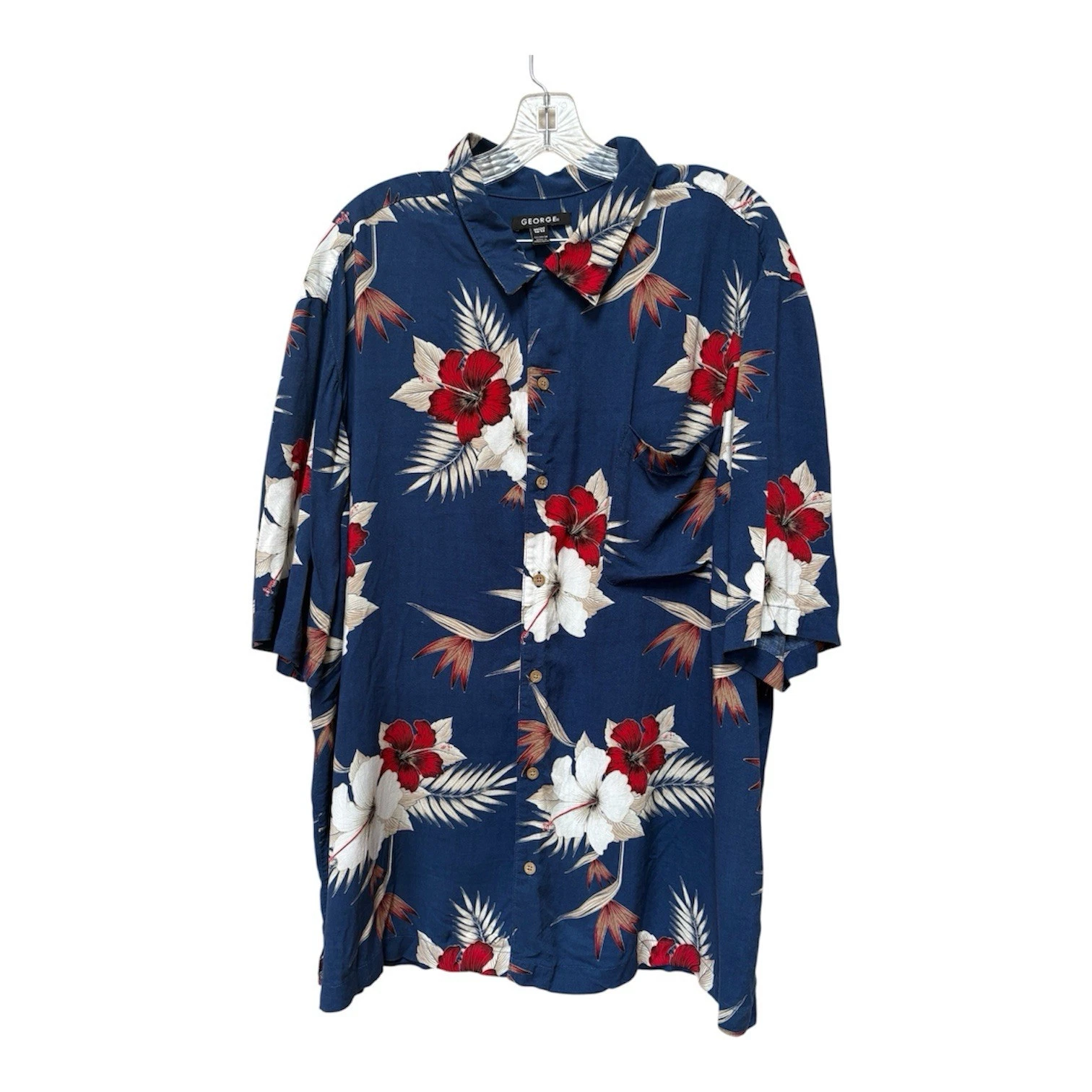 Mens Hawaiian Shirt 2XL Blue Red Floral Rayon Short Sleeve Button Up