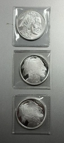 Lot of 3 - Silver Towne Buffalo & Indian 1 Oz .999 Silver Bullion Round
