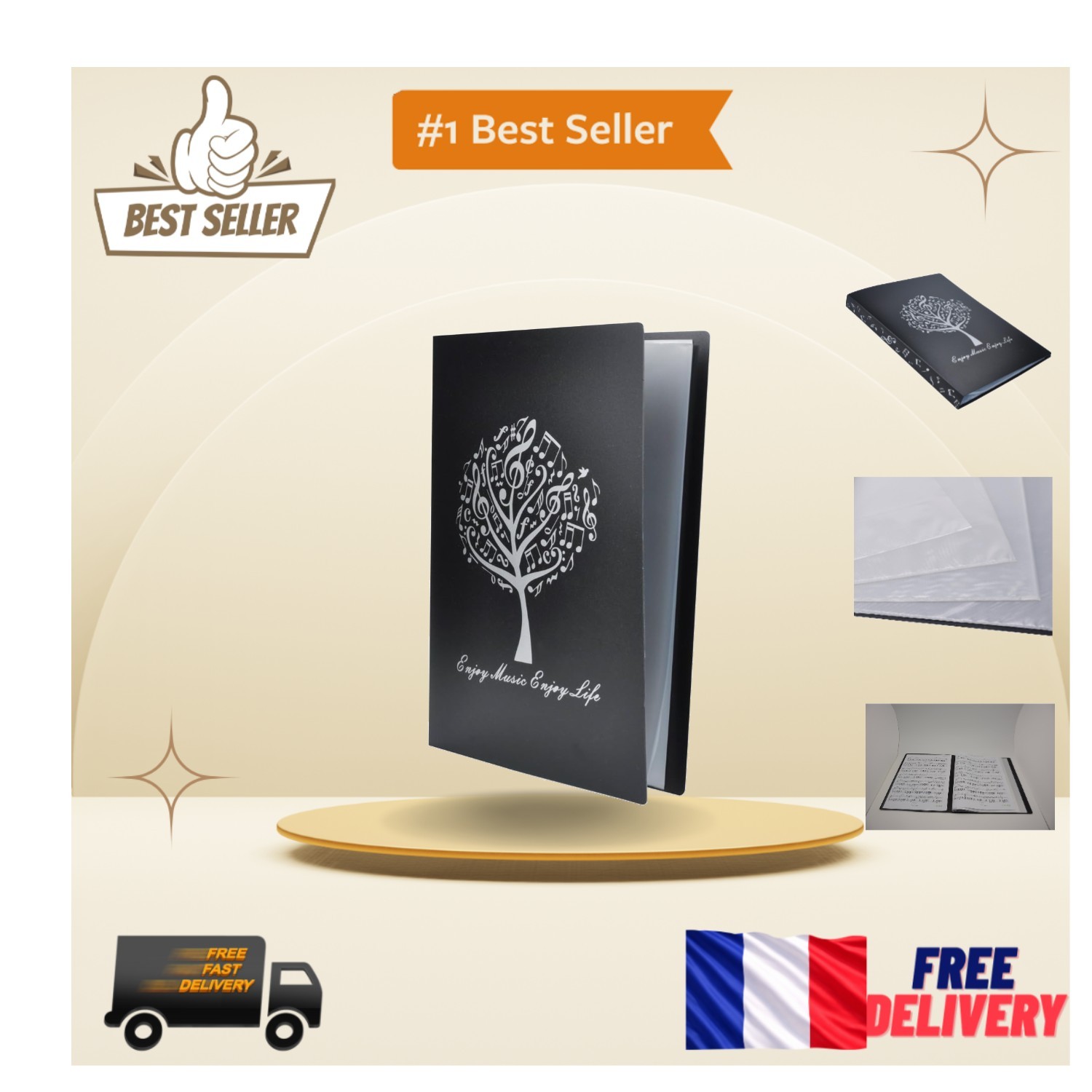 Classeur musique A4 noir haute protection avec 40 pochettes en polypropylène