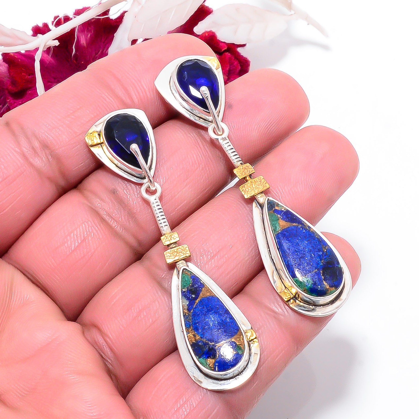 Copper Azurite Chrysocolla 925 Sterling Silver Two Tone Earring 2.15