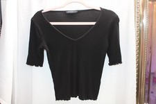 Stradivarius Ruffled Edge SWEATER CROPPED - Caviar Black VNeck SMALL