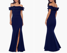 XSCAPE Navy Off the Shoulder Ruffle Scuba Crepe Stretch Knit Trumpet Gown 16 XL