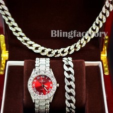 Men Bling Simulated Diamond Hip Hop Watch Iced Cuban Bracelet Necklace Gift