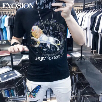 New Fashion Lion Trend Rhinestones Summer Short Sleeve Luxury Men Cotton T-Shirt