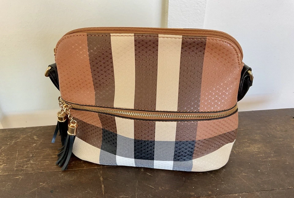 Deluxity Plaid Crossbody Pattern Lady Dome Crossbody Bag Tassel Nice Used - Image 2 of 4