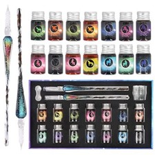 Crystal Glass Dip Pen Ink Set-Dip Pen with 12 Color Ink bottles for Art, Writing