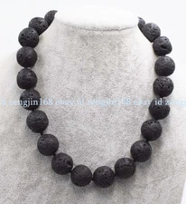 Huge 14mm Natural Black Volcanic Lava Rock Round Gemstone Beads Necklace 18" AAA