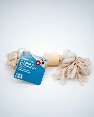 Chomp And Tug Buddy Dog Toy 100% Cotton Rope With Real Cow Bone Size S