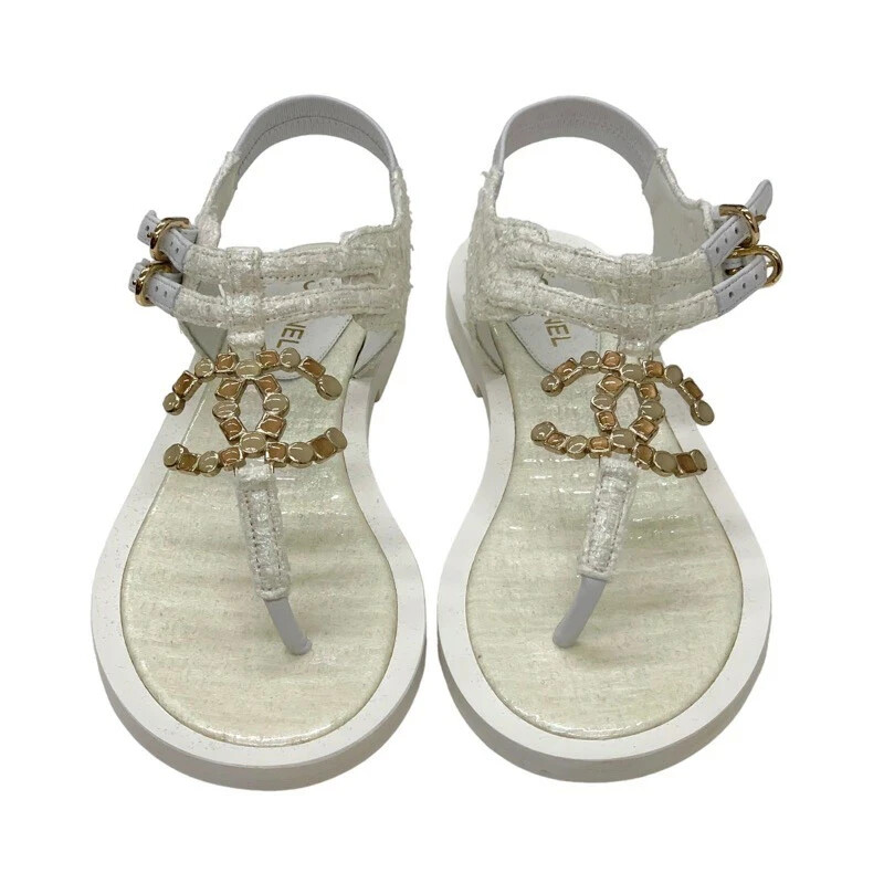 CHANEL G34818 COCO Mark Stone Thong Sandals 38.5C White Women New