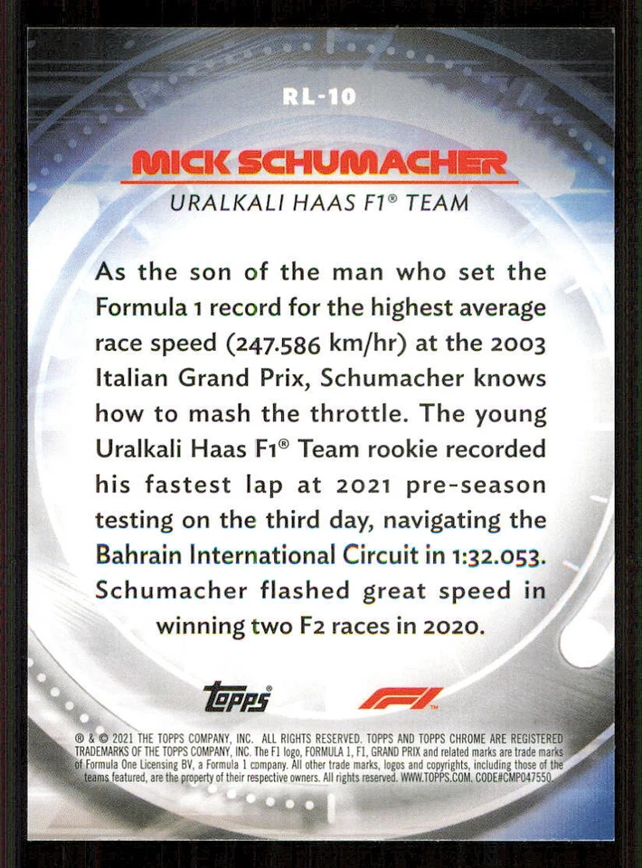 2021 Topps Chrome Formula 1 Red Liners #RL10 Mick Schumacher - Image 2 of 2