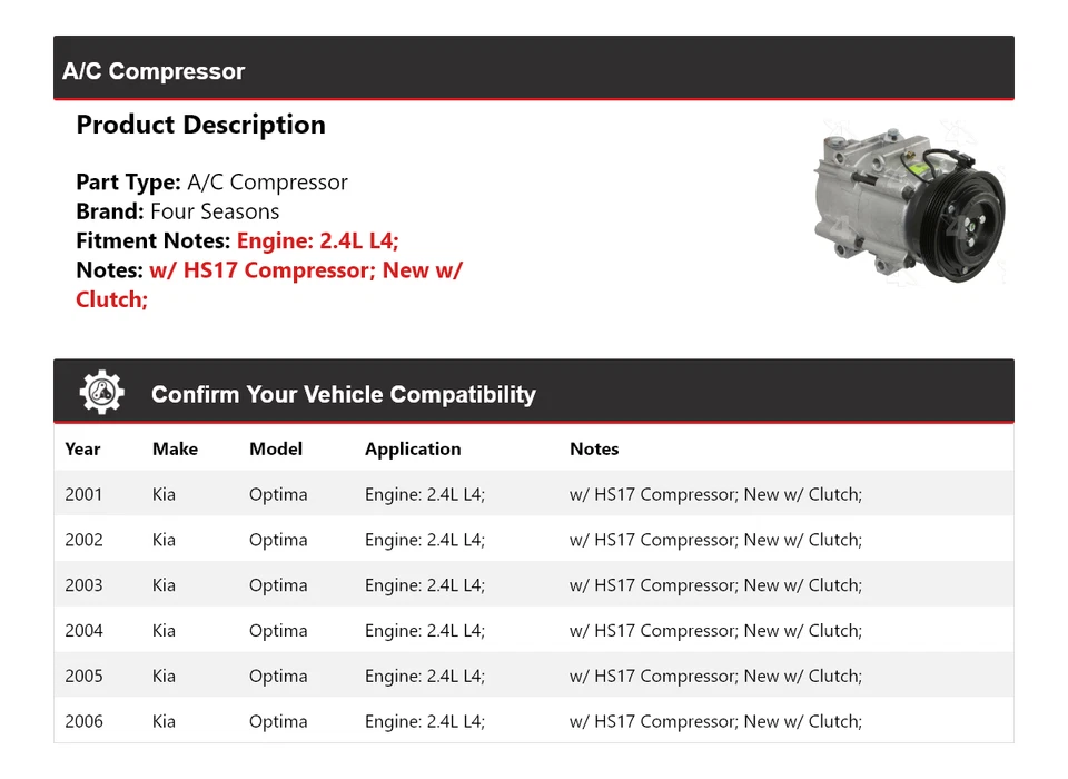 适用于 2001 - 2006 起亚 Optima 2.4 升 L4 空调压缩机 4 季 2002 2003 2004 2005 — 第 2/4 张图片