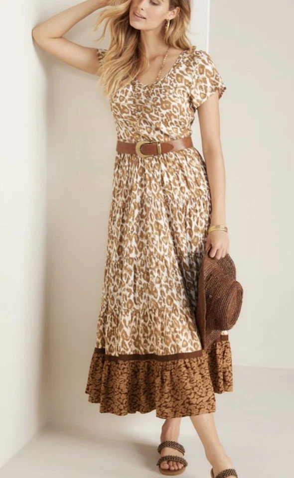 Soft Surroundings Short Sleeve Kara White Mocha Leopard Dress Size L