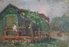 Antica casa paesaggistica dipinto ad olio casa di campagna