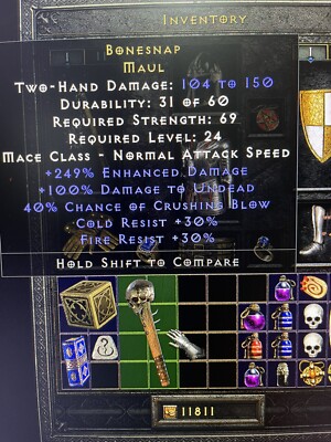 Diablo 2 Resurrected D2R - Bonesnap Unique Maul Weapon PC NA SOFTCORE