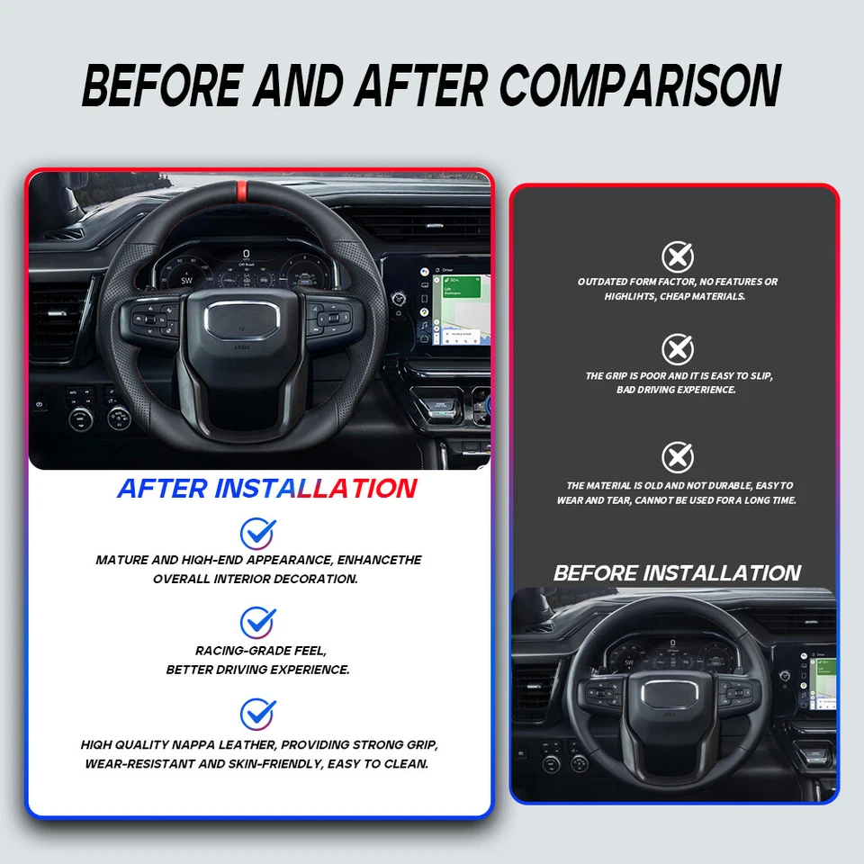 Volante de cuero completo para GMC Sierra 1500 2500 3500 con calefacción 19-25 Foto 3 de 4