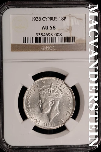 Cyprus: 1938 Eighteen Piastres - NGC AU 58 - Scarce  No Reserve  #SLi476