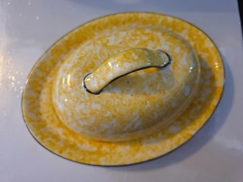 Stangl Pottery Hand Painted Butter Dish w/Lid Town & Country Yellow Sponged Rare