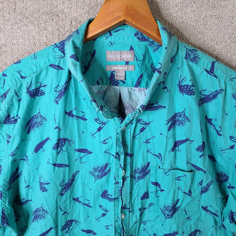 Falls Creek Shirt Mens XXL Blue Button Down Fishing Lure Print Modern Vacation - Image 2 of 4