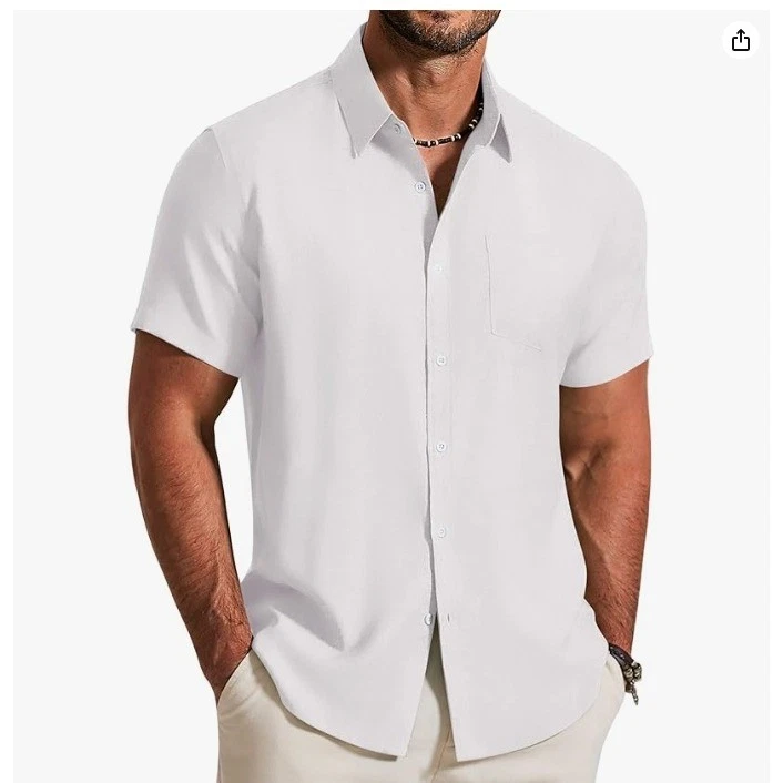 Mens White Casual Short Sleeve Button Up Shirt Size XL Beach Beach PreppyRetro
