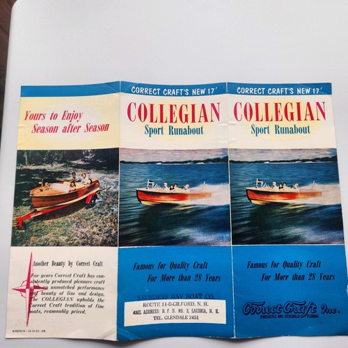 1954 Correct Craft Collegian 17' Mini Color Brochure 9x12 fold out EX Condition