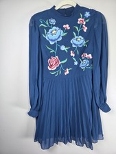 ASOS Design Petite Blue Floral Embroidered Pleated Chiffon Mini Dress Long...