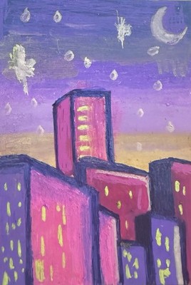 ACEO Art Card Original Acrylic Purple Cityscape Painting