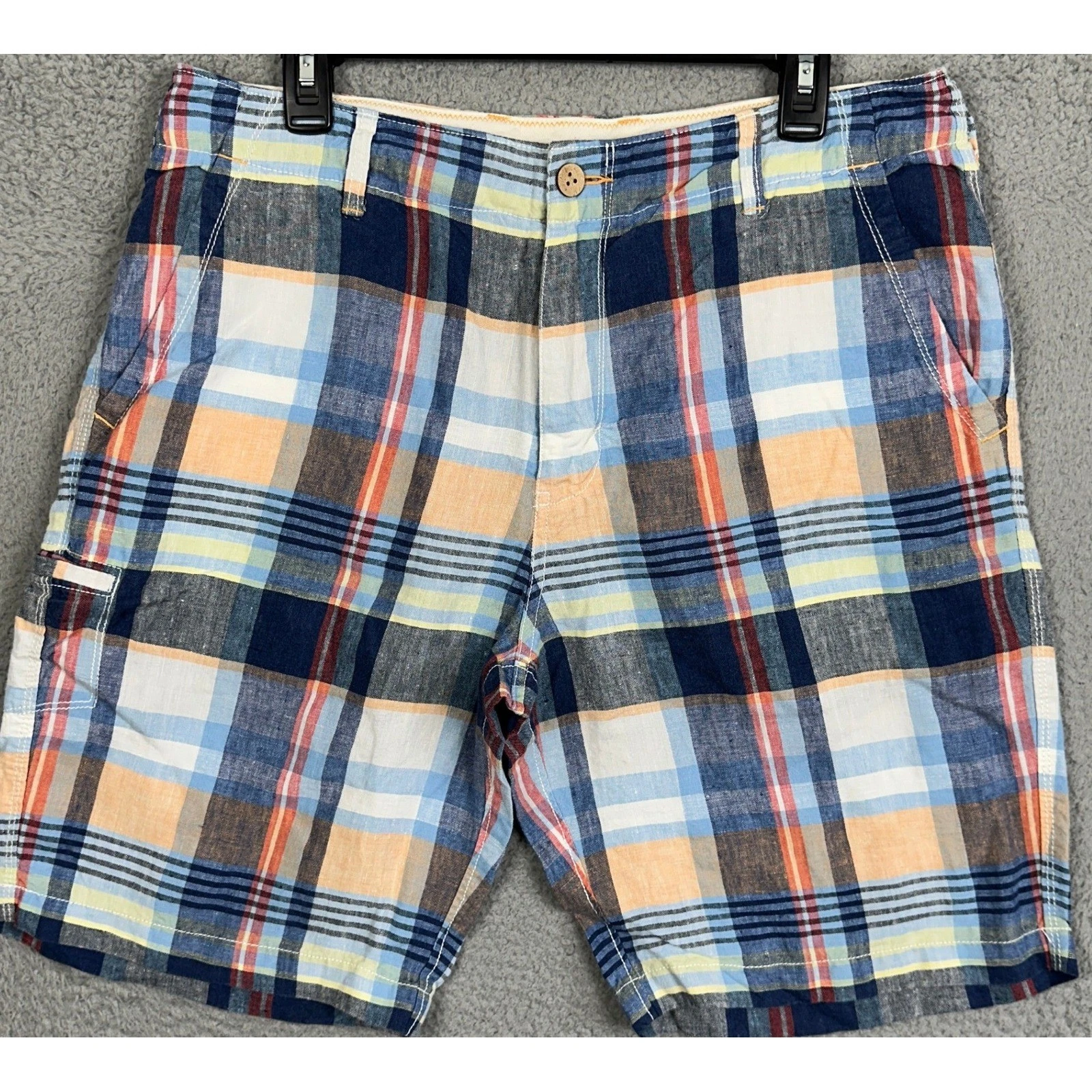 Tommy Bahama 100% Linen Shorts Men 33 Blue Multi Relax Cargo Hybrid Plaid Casual