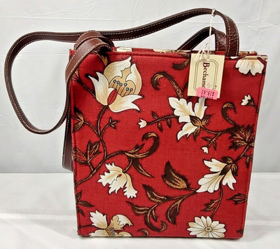 Bechamel Tote Bag Purse Handbag Red Floral Brown Straps New Zip Pockets Cloth